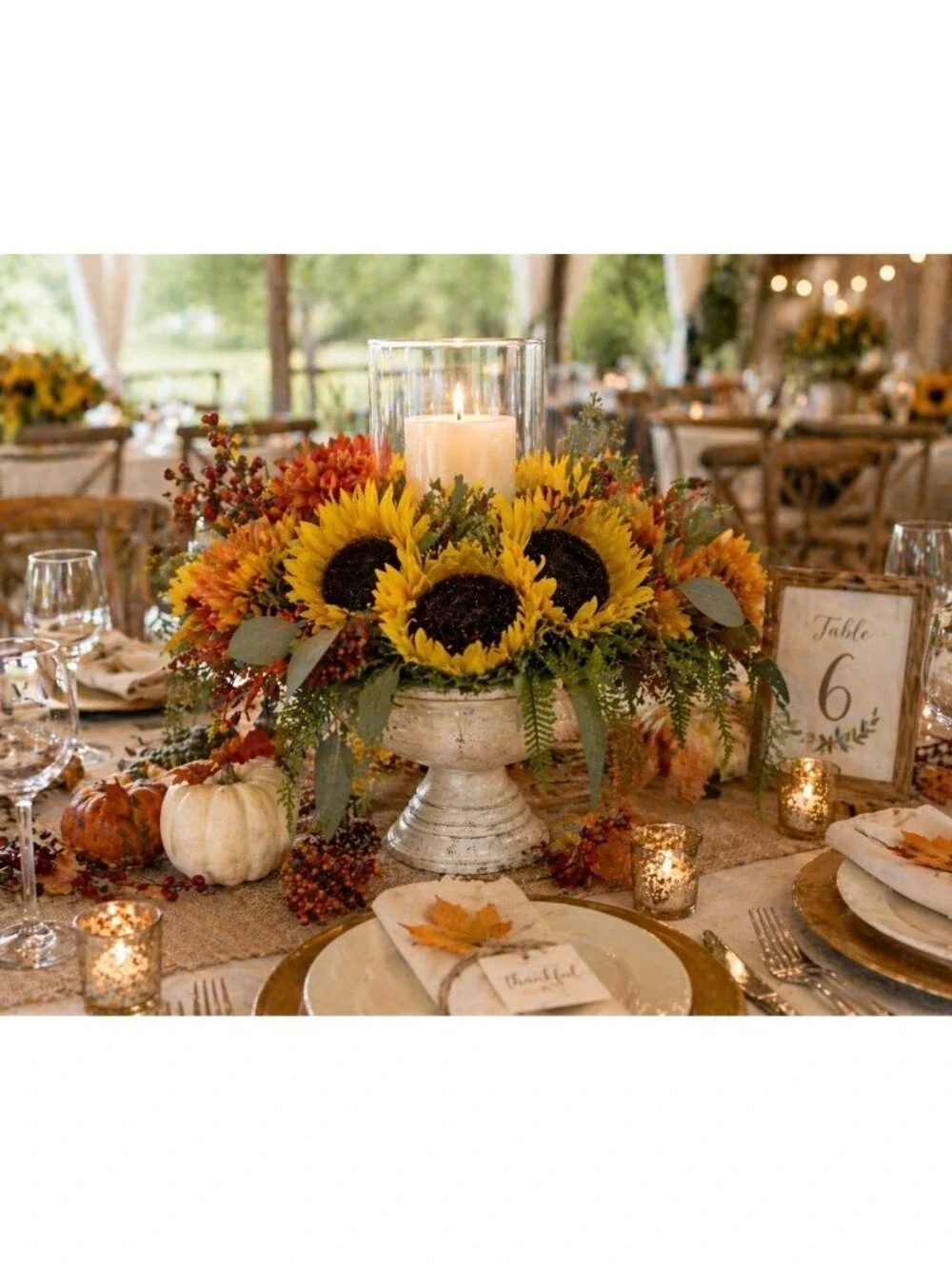 Sunflower Candle Holder Arrangement w/ Glass Hurricane on Distressed Pedestal